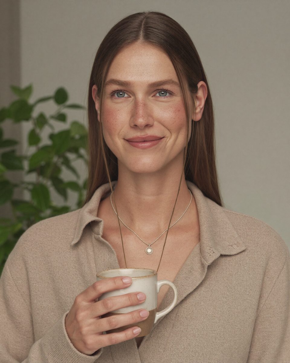Ines Rowe holding a cup of coffee by her plants